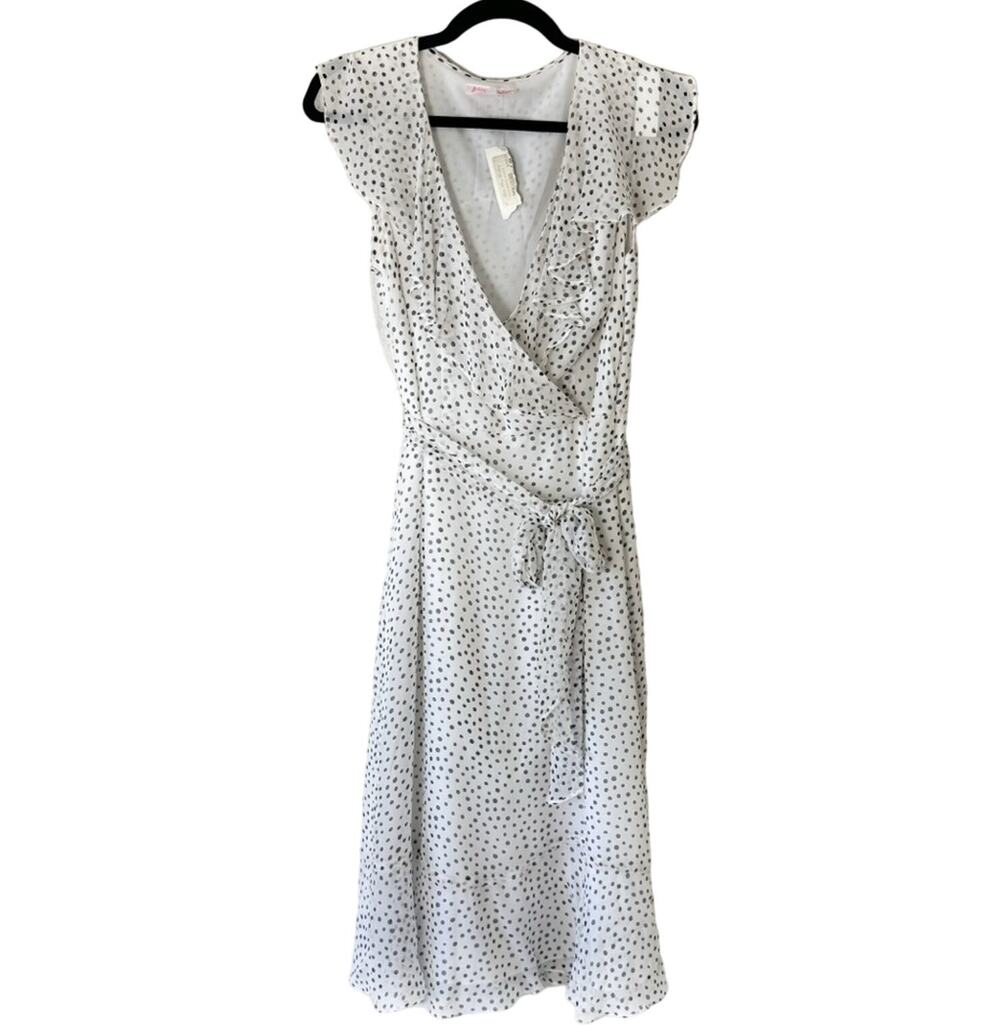 Vintage Betsey Johnson White Navy Blue Silk Polka Dot Faux Wrap Dress Size 8